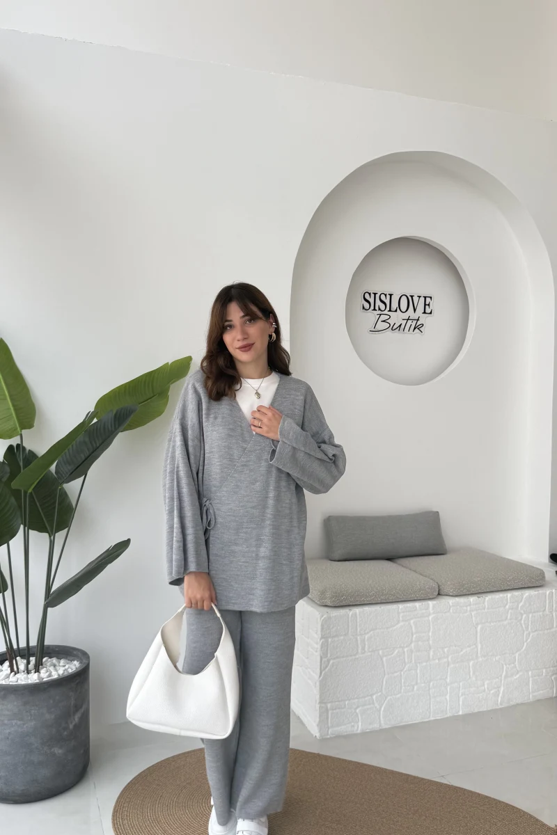 Jenny Bağlamalı Triko Takım - Gri - Kod: 7206