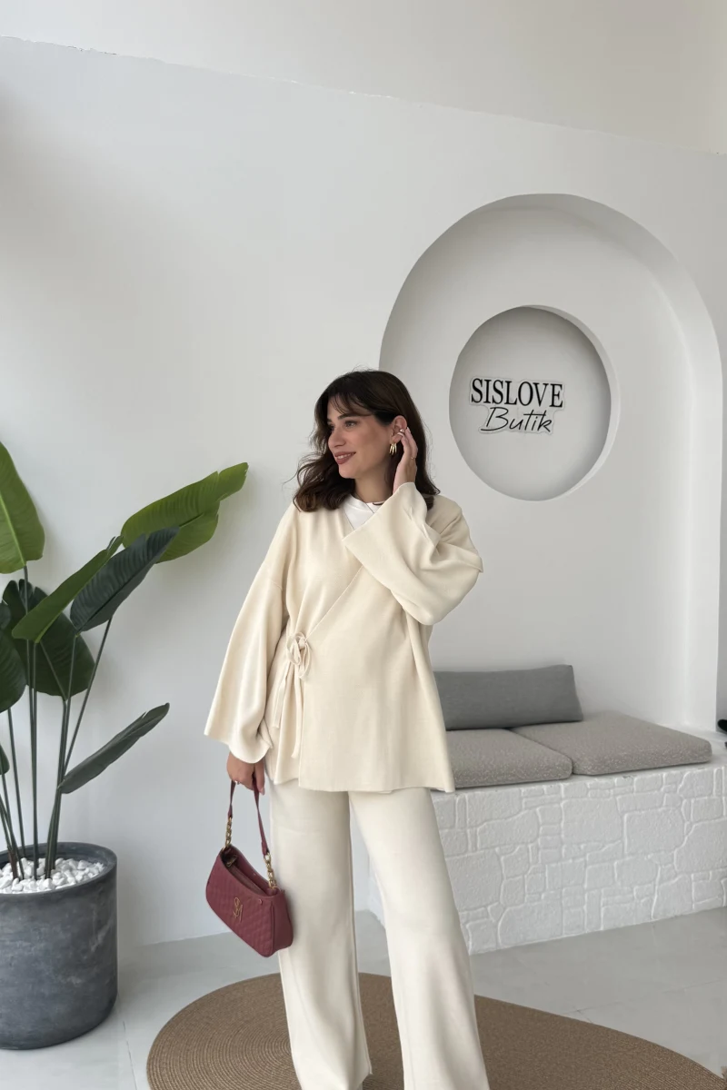 Jenny Bağlamalı Triko Takım - Krem - Kod: 7206