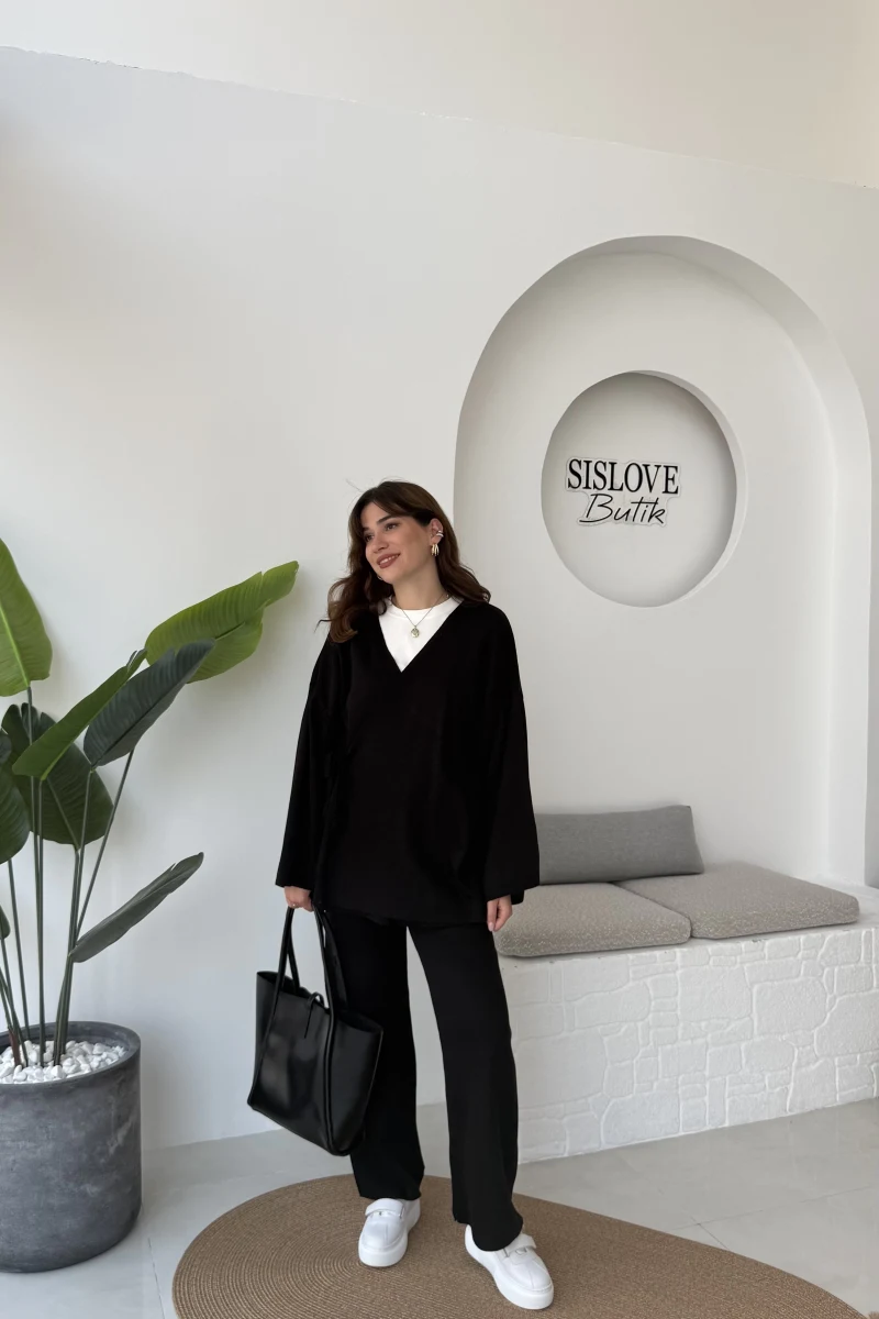 Jenny Bağlamalı Triko Takım - Siyah - Kod: 7206