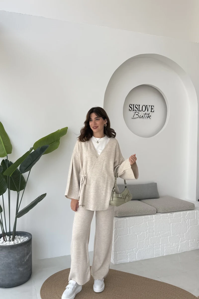 Jenny Bağlamalı Triko Takım - Taş - Kod: 7206