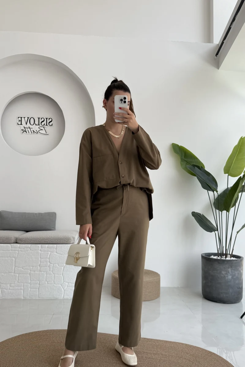 July Premium V Yaka Tek Cepli Gömlek Pantolon Takım - Haki