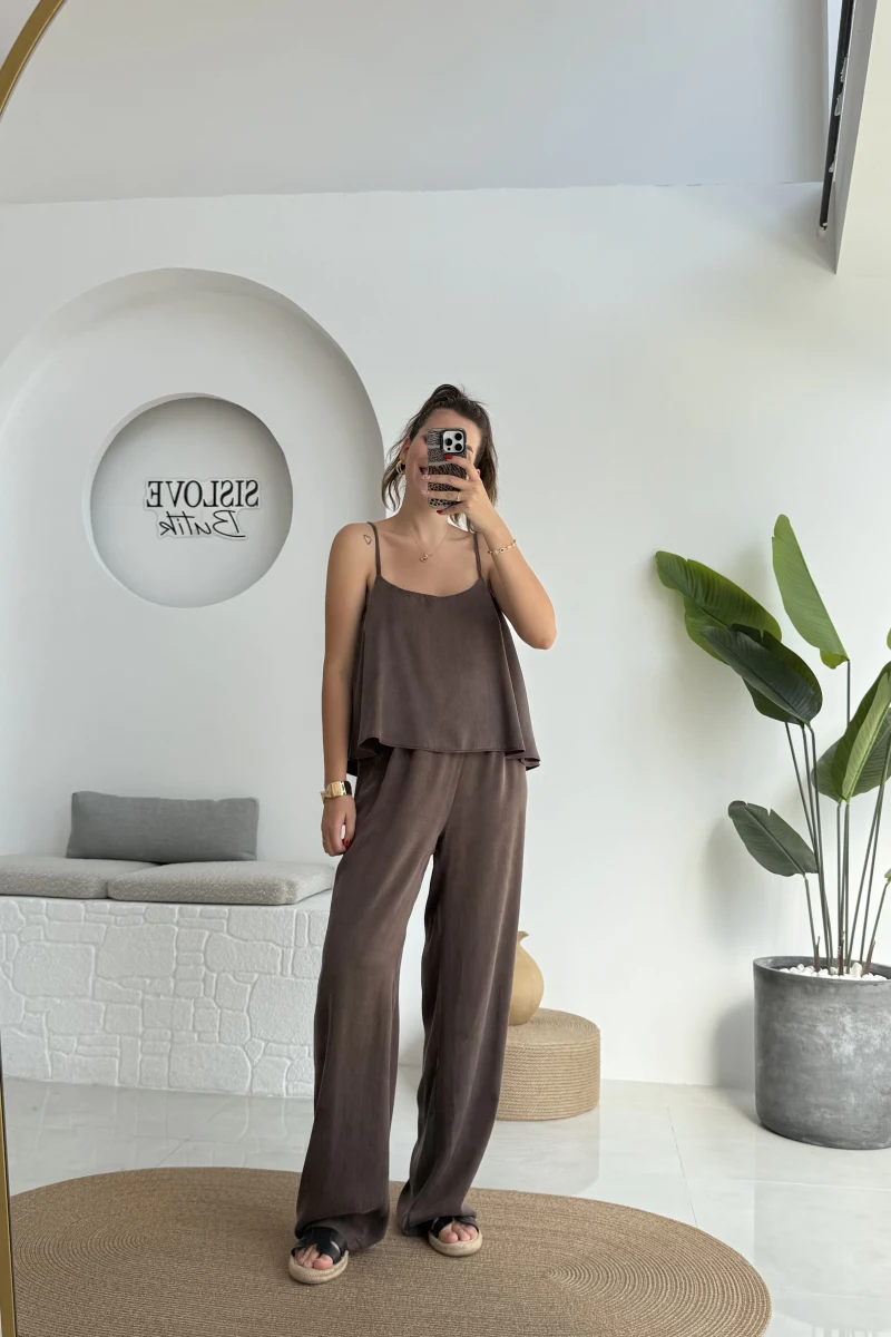 June Askılı Bluz Pantolon Takım - Kahve - 51043