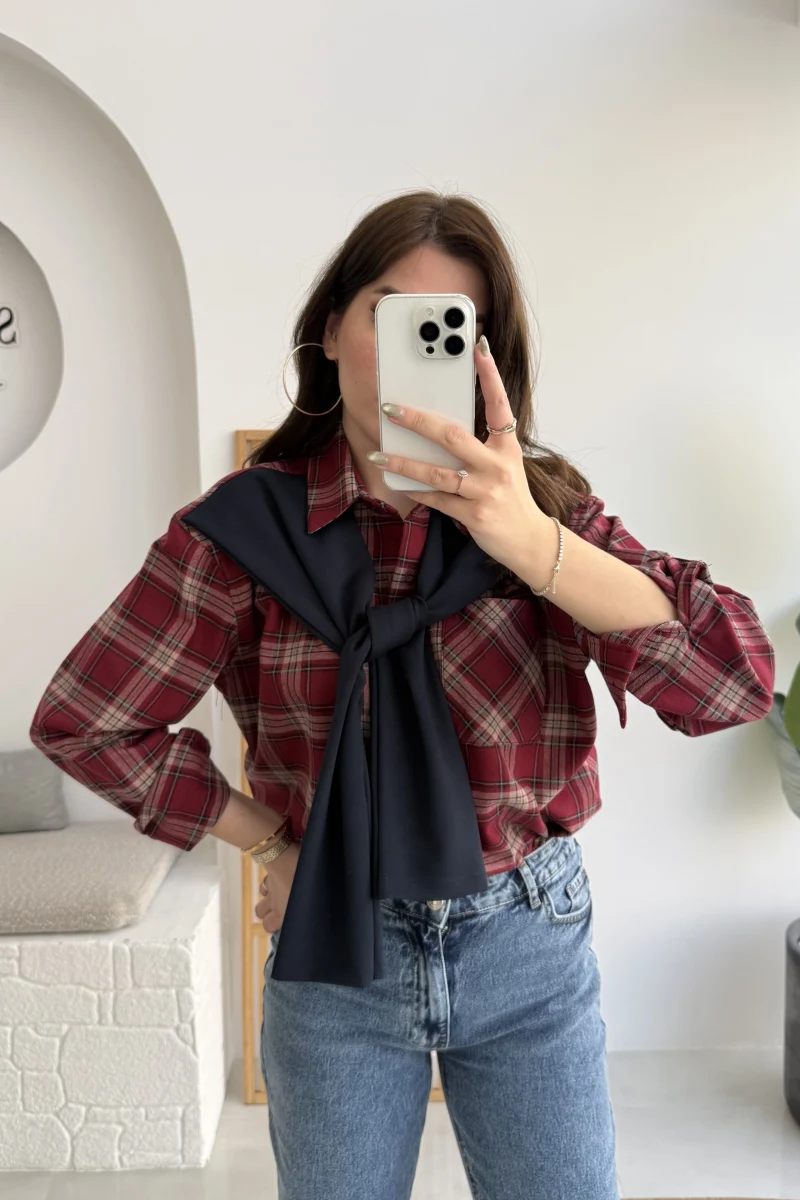 Juniper Ekose Desenli Bağlama Detaylı Oduncu Gömlek - Bordo