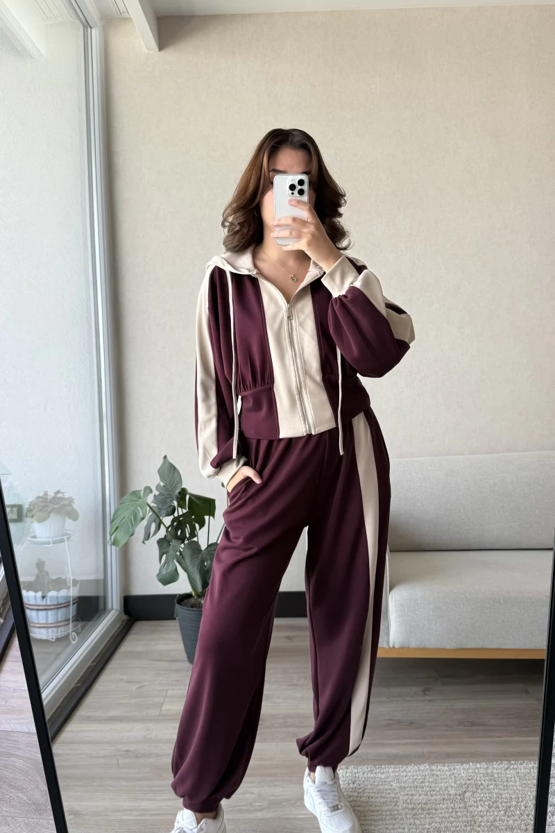 Just Oys Kumaş Şerit Detaylı Eşofman Takımı Bordo