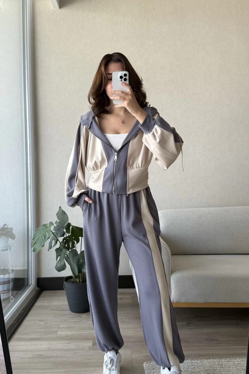 Just Oys Kumaş Şerit Detaylı Eşofman Takımı Füme