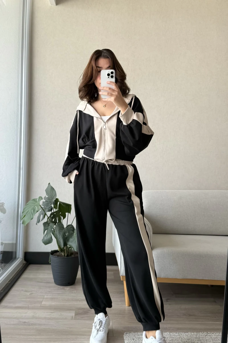 Just Oys Kumaş Şerit Detaylı Eşofman Takımı Siyah