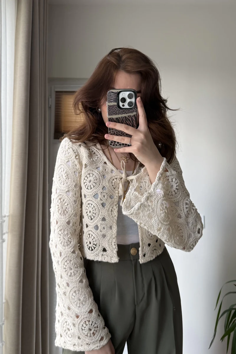 Jüt Desenli Hırka Krem