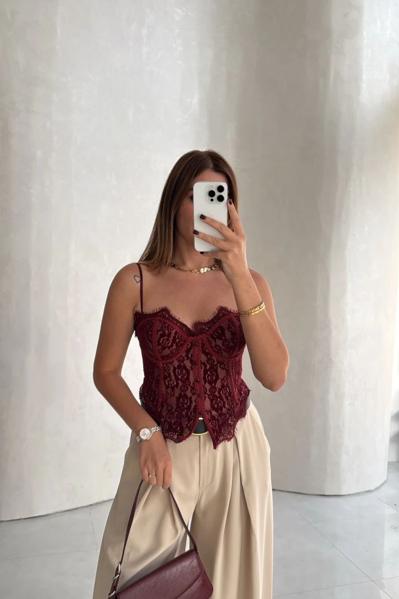 Kadife Dantel Detay Askılı Korse - Bordo