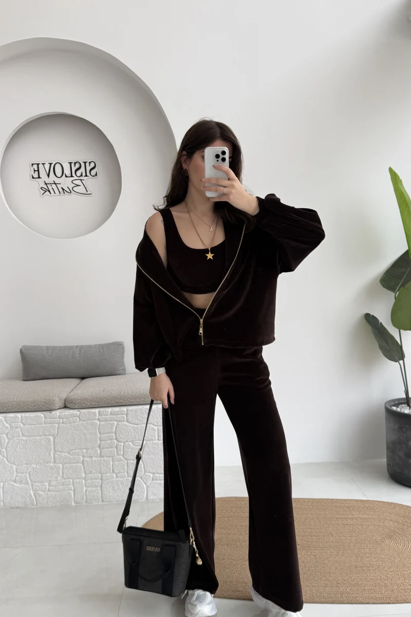 Kadife Üçlü Takım - Acı Kahve - Kod: 0097