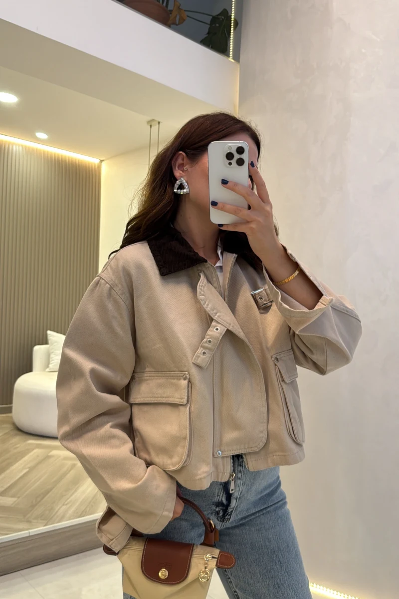 Kadife Yaka Cep Detaylı Denim Ceket - Bej - Kod: 1252