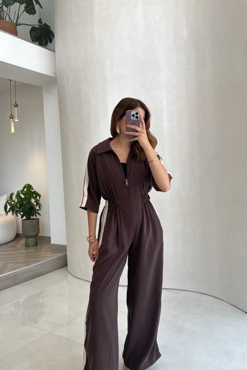 Kahve Modal Beli Lastikli Tulum - Kod: 6112