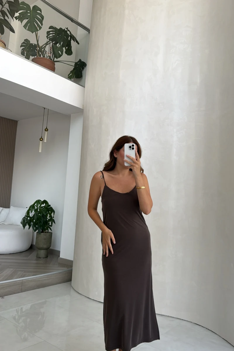 Kahve Oys Askılı Yırtmaç Detay Elbise - Kod: 63941