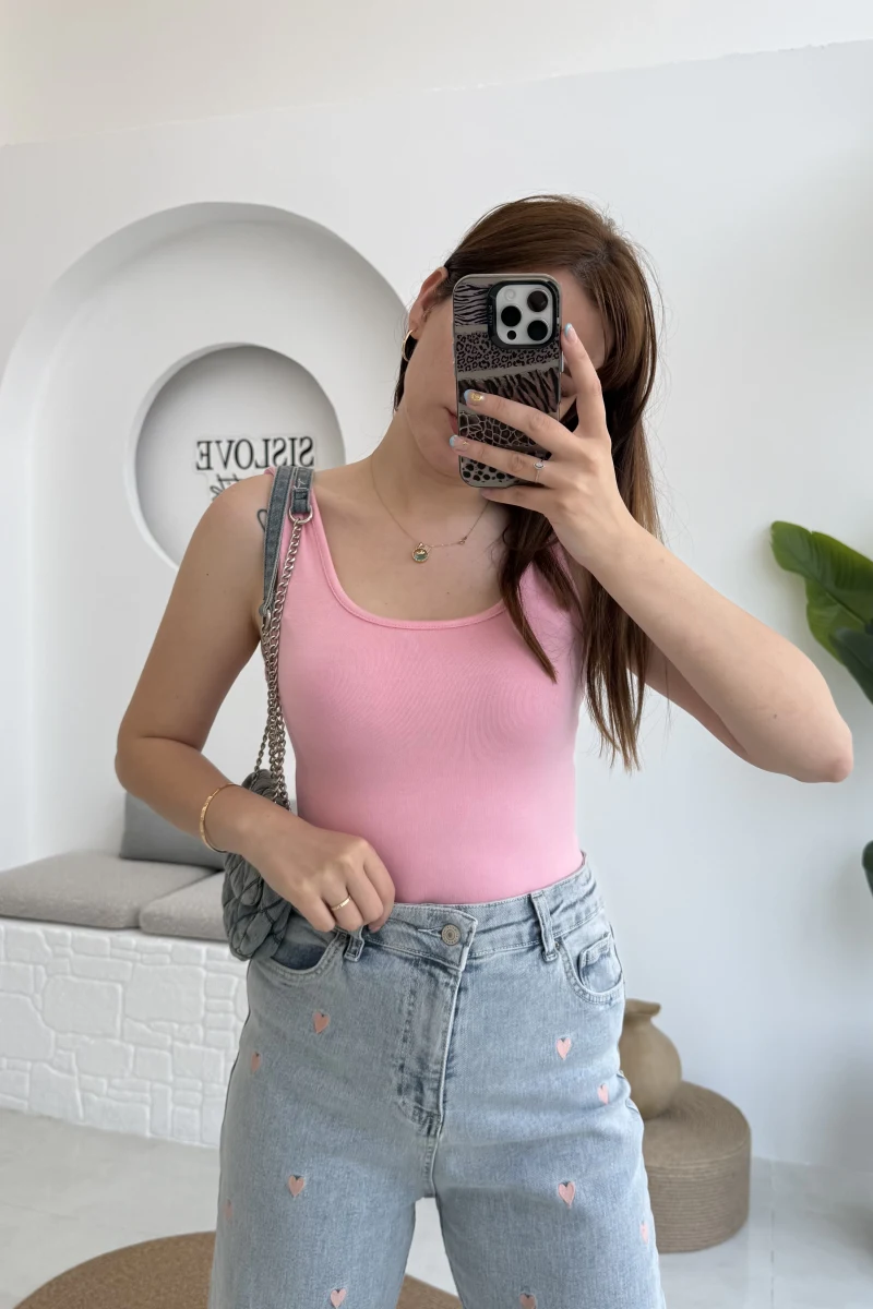 Kalın Askılı Oys Pembe T-Shirt