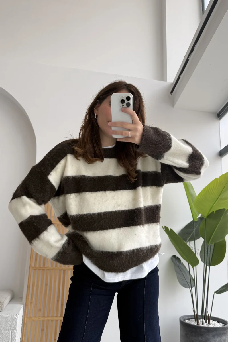 Kalın Çizgili Kazak - Kahverengi