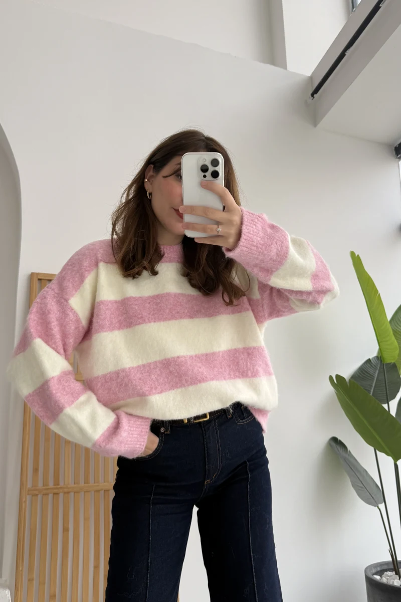 Kalın Çizgili Kazak - Pembe