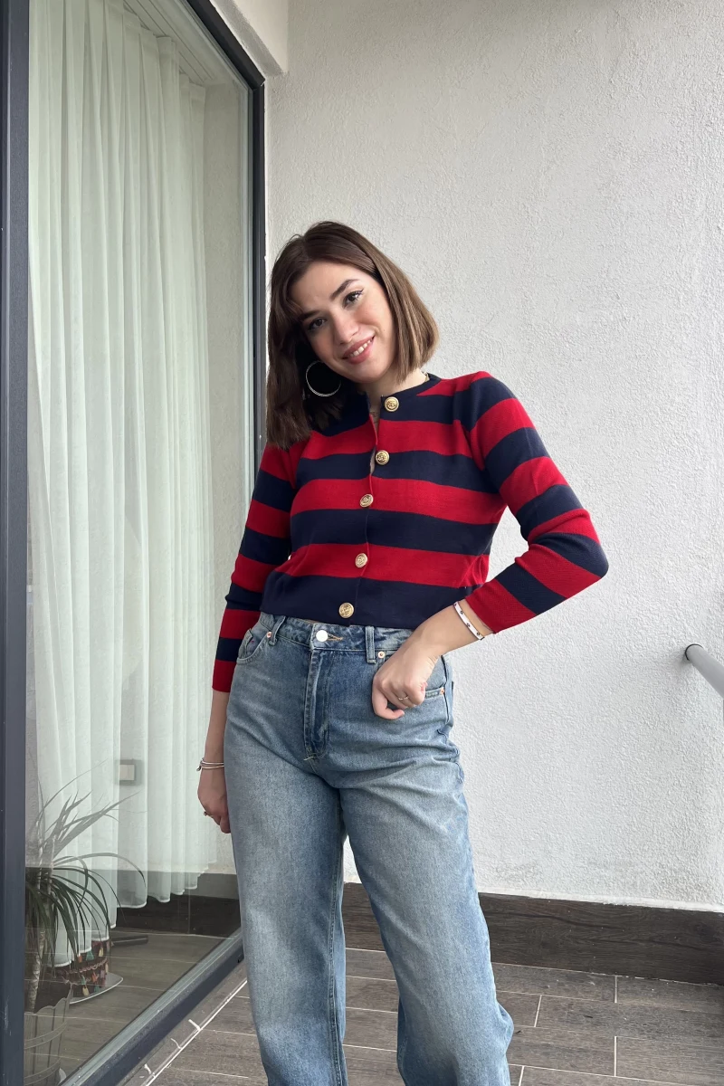 Kalın Çizgili Kırmızı Hırka