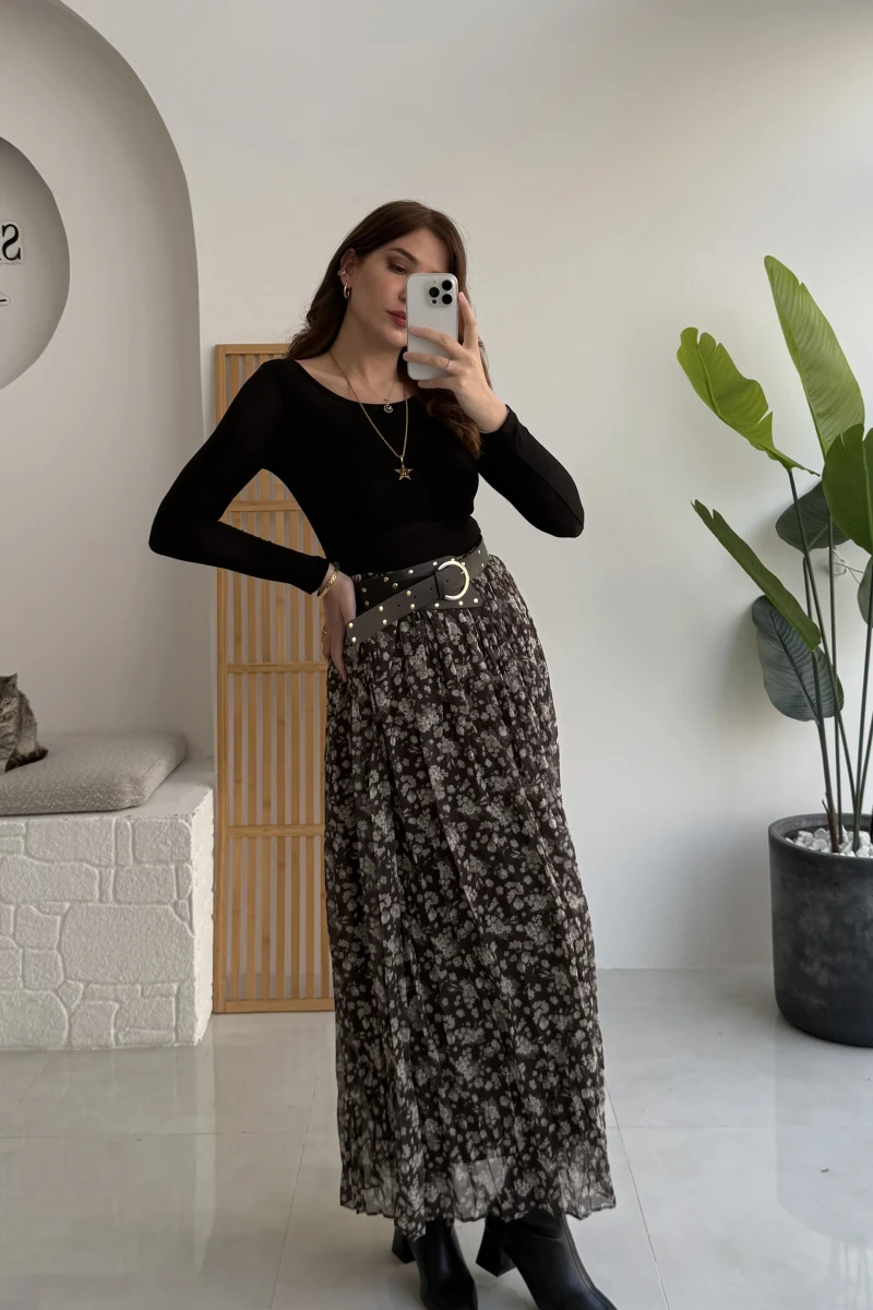 Kalın Kemerli Çiçek Desenli Şifon Etek - Haki