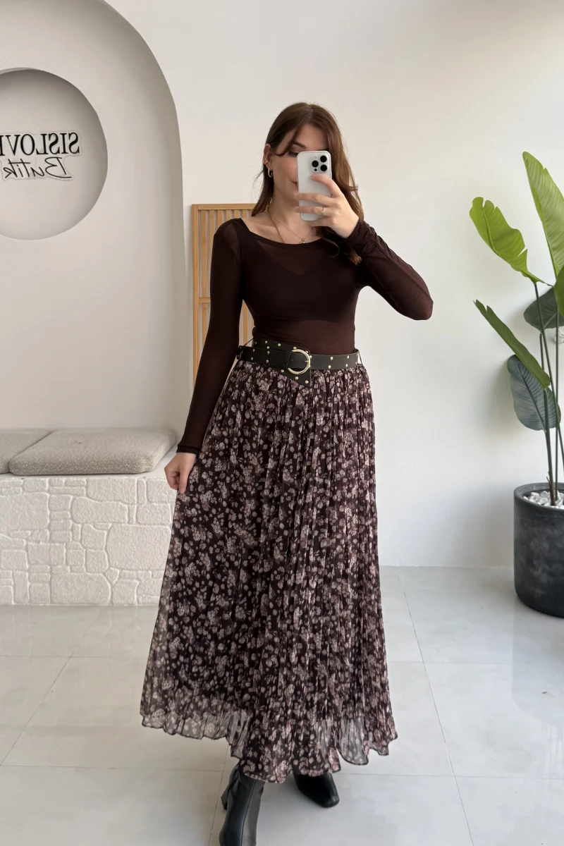 Kalın Kemerli Çiçek Desenli Şifon Etek - Kahverengi