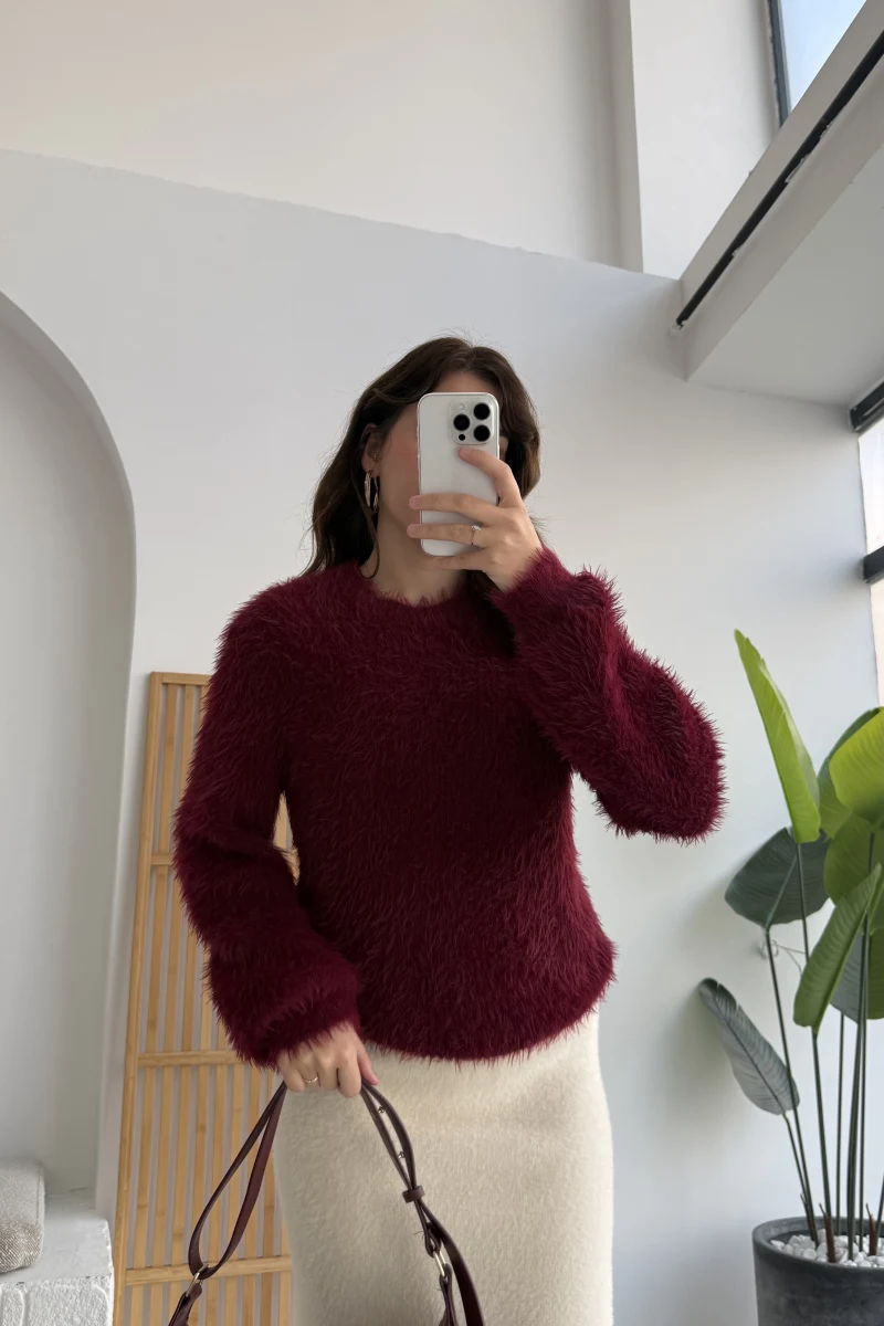 Kalina Bisiklet Yaka Tüylü Yumoş Kazak - Bordo