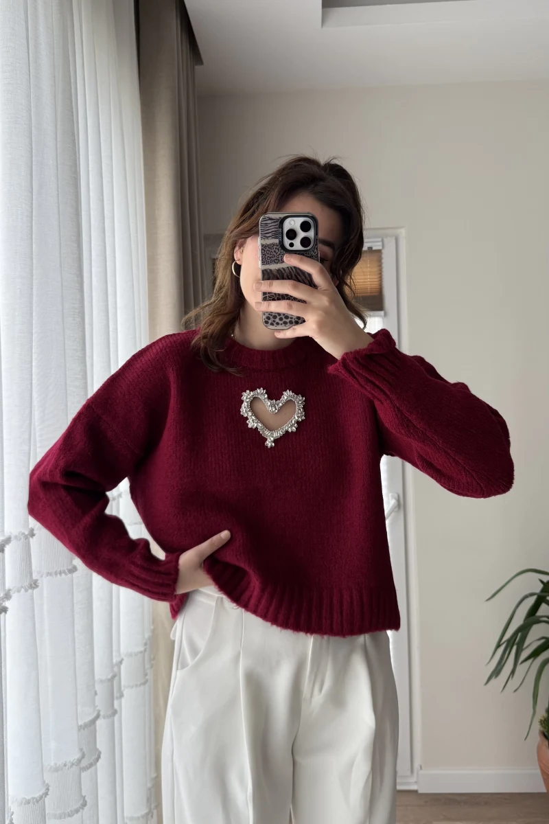 Kalp Detay Kazak Bordo