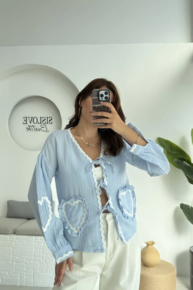 Kalp İşlemeli Pinterst Bluz - Bebe Mavisi - 1027