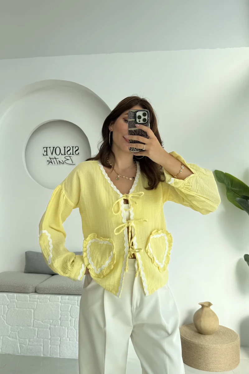 Kalp İşlemeli Pinterst Bluz - Sarı - 1027