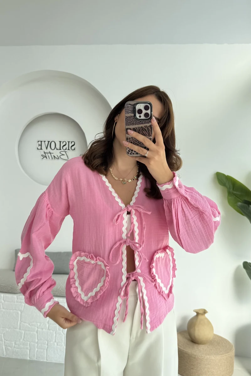 Kalp İşlemeli Pinterst Bluz - Şeker Pembesi - 1027