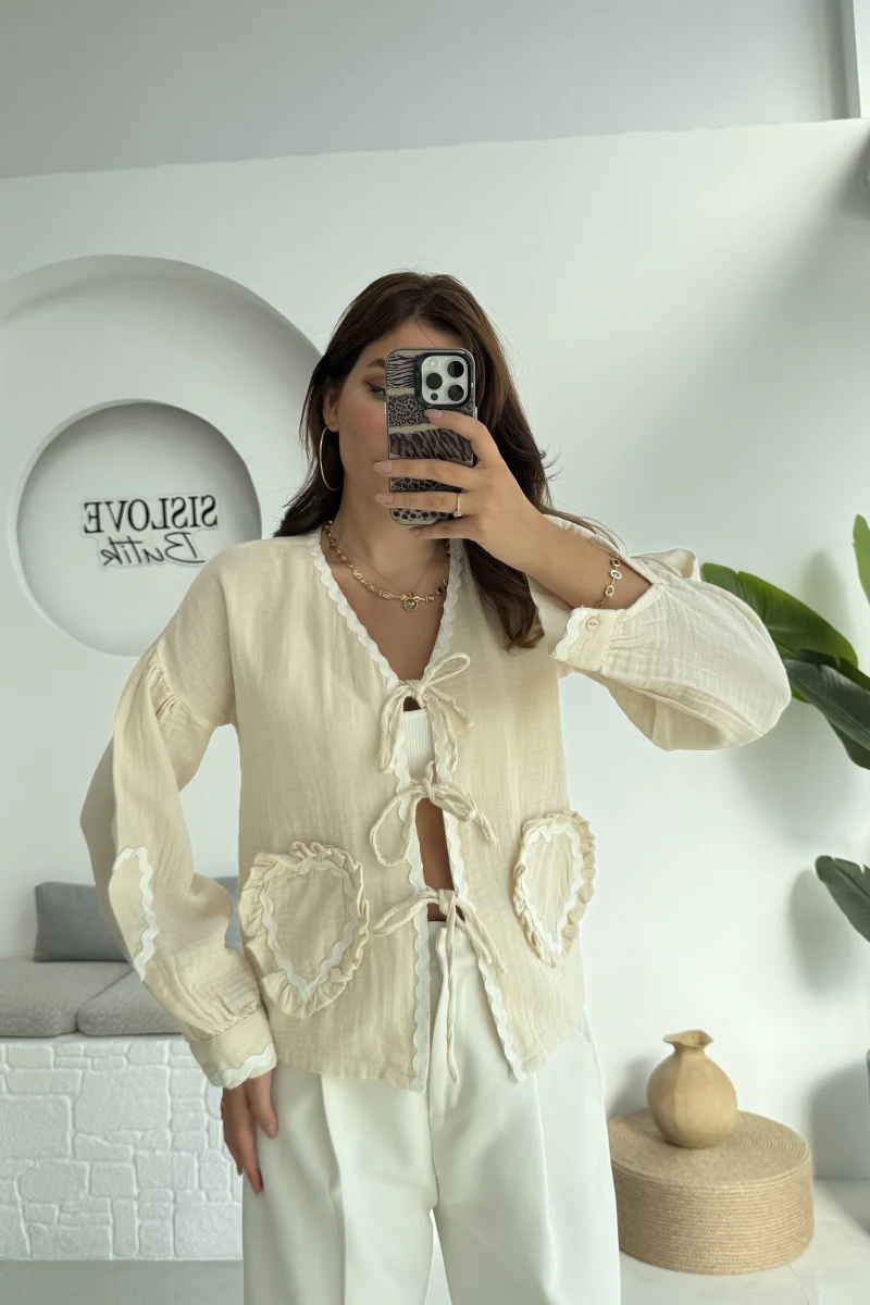 Kalp İşlemeli Pinterst Bluz - Taş - 1027