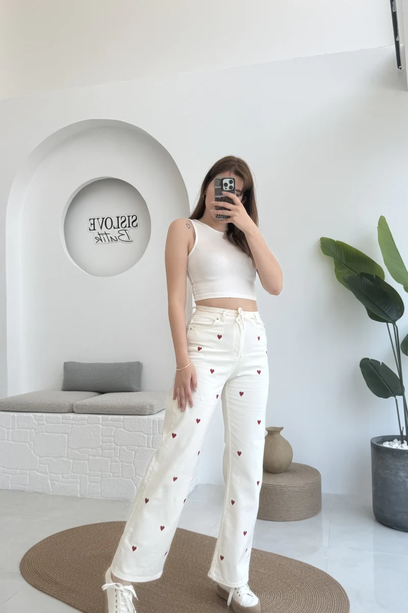 Kalpli Bağcıklı Kot Pantolon Krem