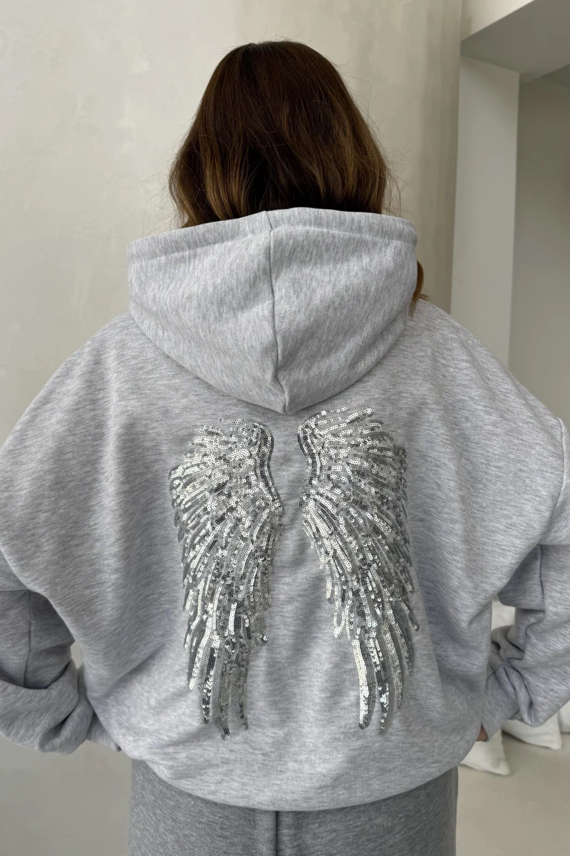 Kanat Detaylı Taş İşlemeli Kapüşonlu Sweatshirt - Gri - Kod: 4197