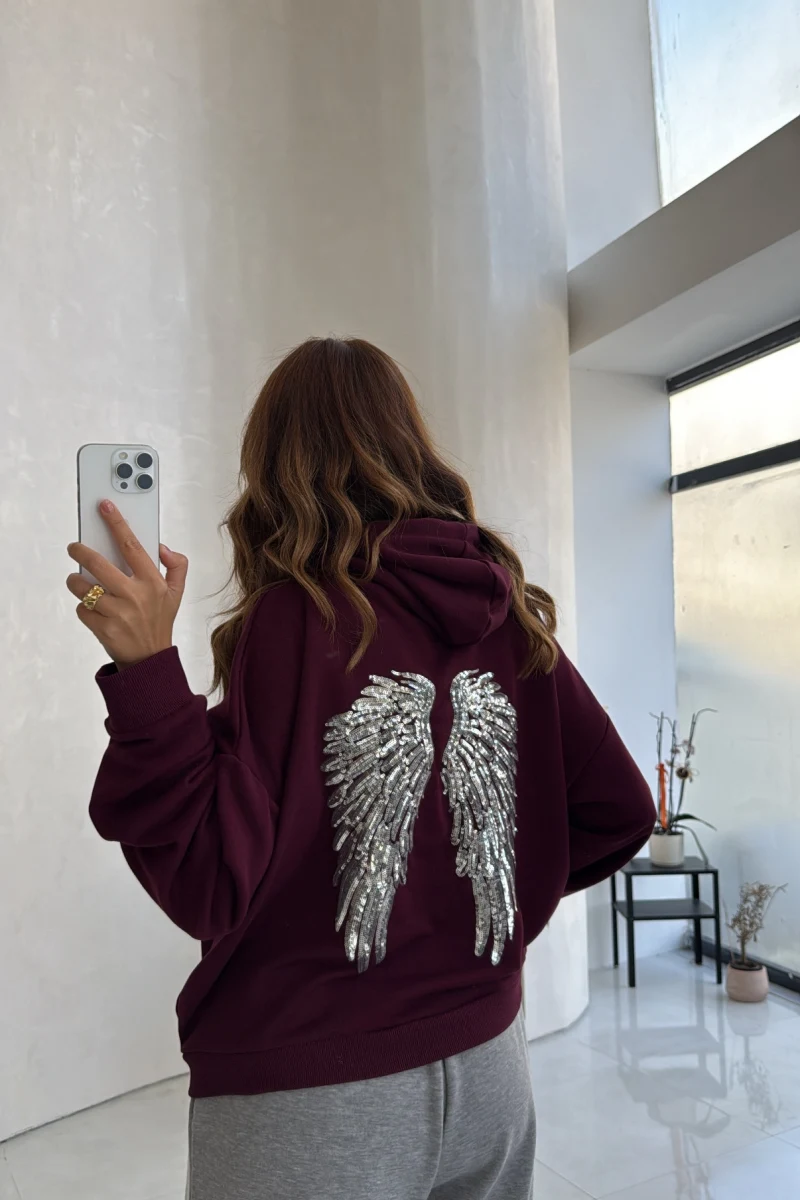 Kanat Detaylı Taş İşlemeli Kapüşonlu Sweatshirt - Mürdüm - Kod: 4197