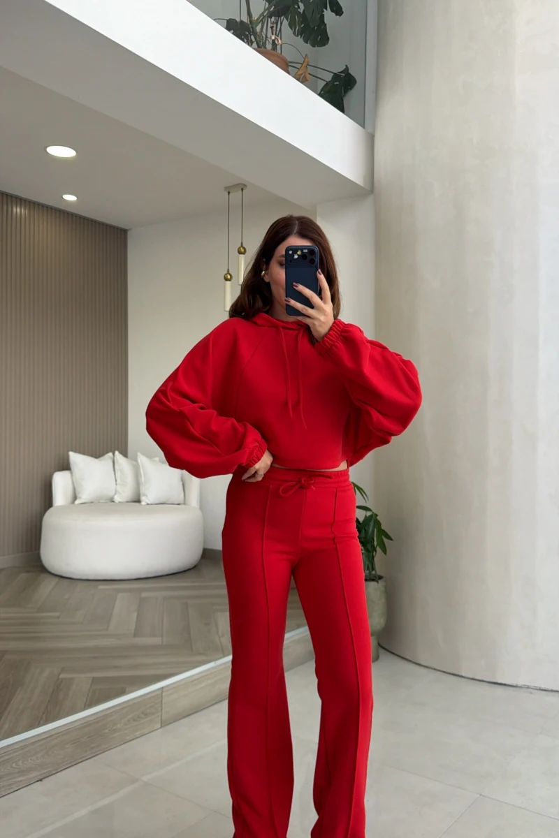 Kapüşonlu 3 İplikli Sweatshirt Takım - Kırmızı - Kod: 4230
