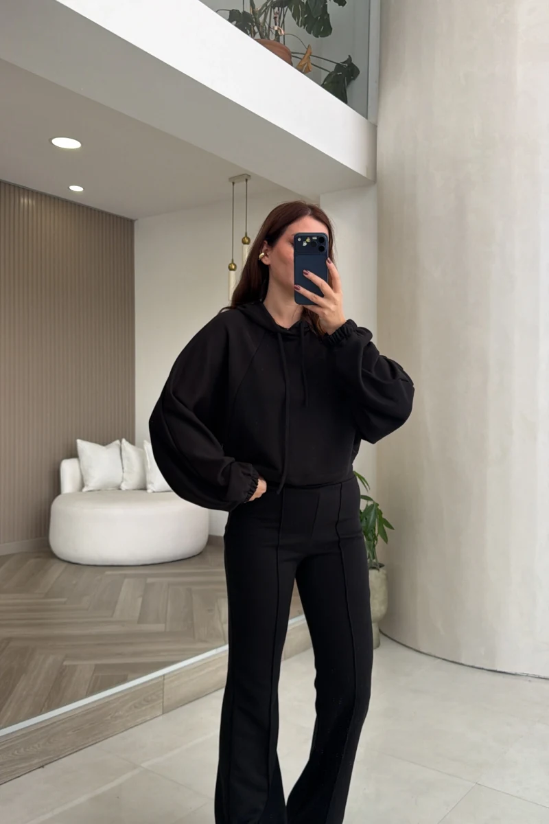Kapüşonlu 3 İplikli Sweatshirt Takım - Siyah - Kod: 4230