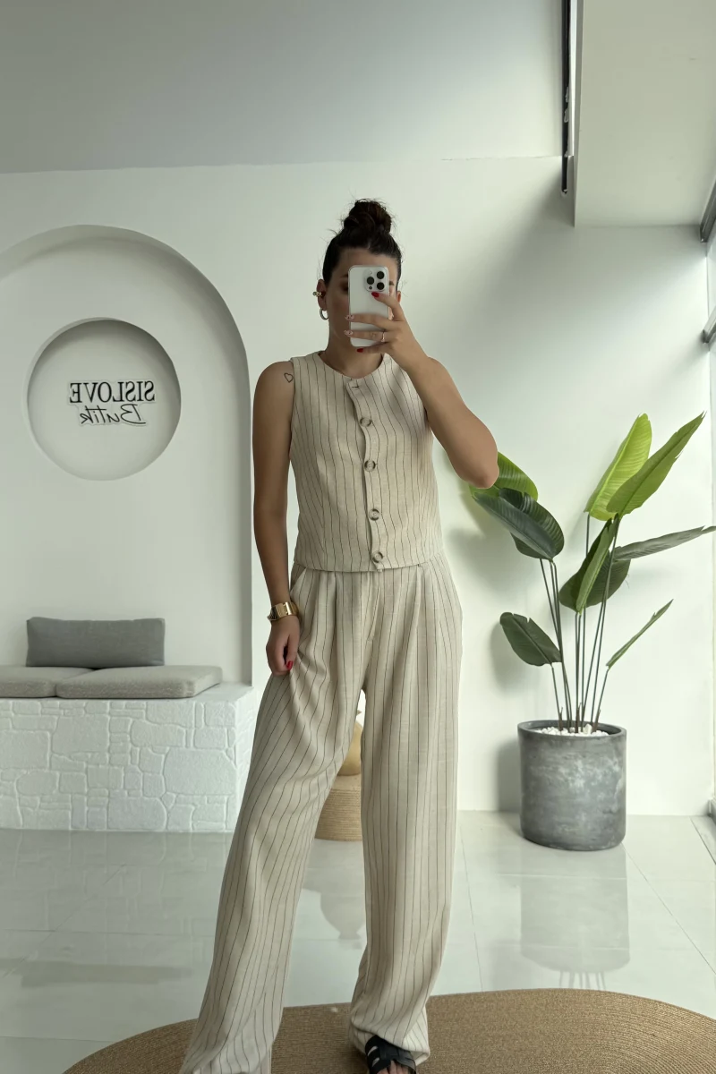 Karina Çizgili Yelek Pantolon Takım - 7212