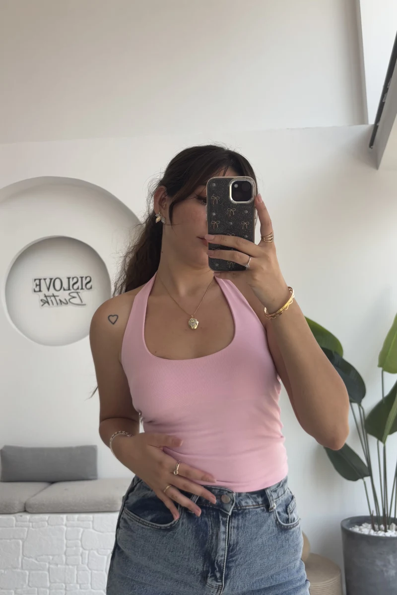 Karolina Boyundan Geçmeli Crop - Pembe