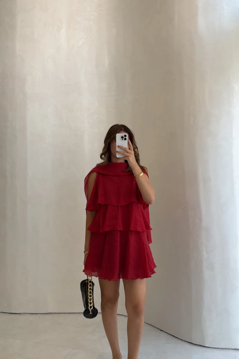 Kat Kat Pelerin Mini Elbise - Kırmızı - Kod: 3452