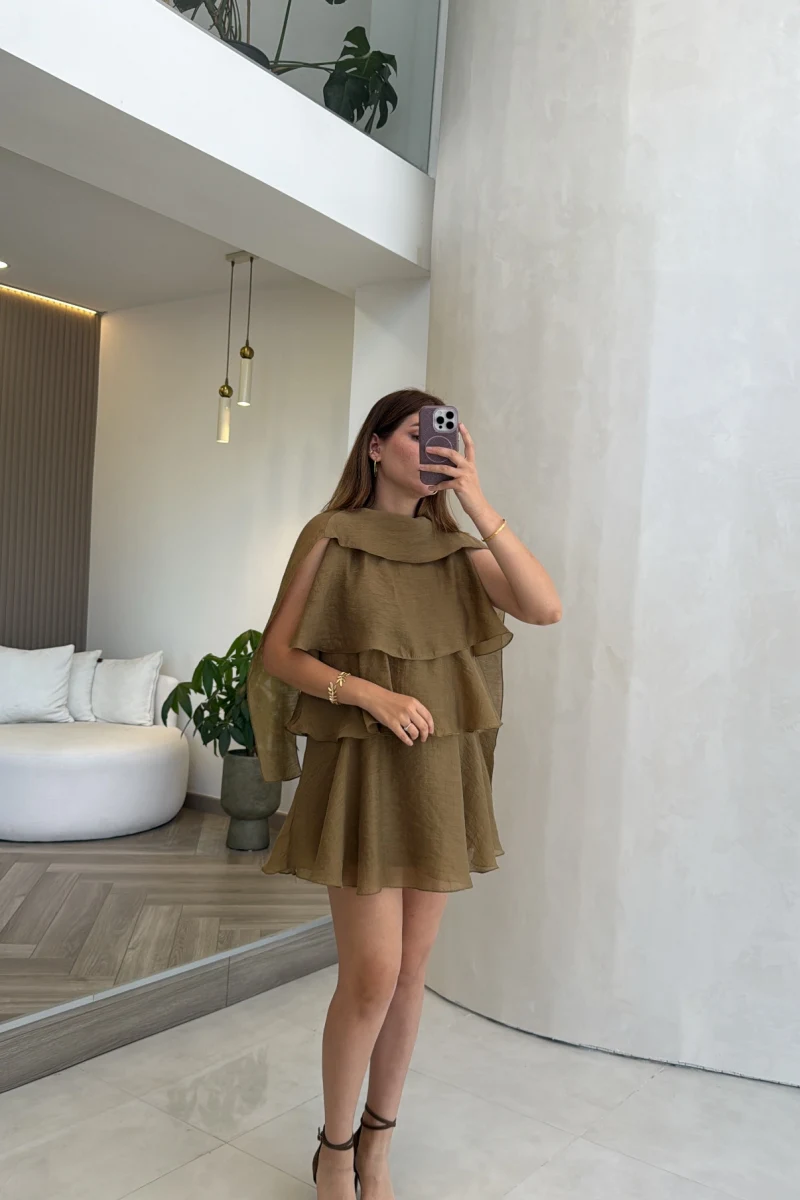 Kat Kat Pelerin Mini Elbise - Olive - Kod: 3452