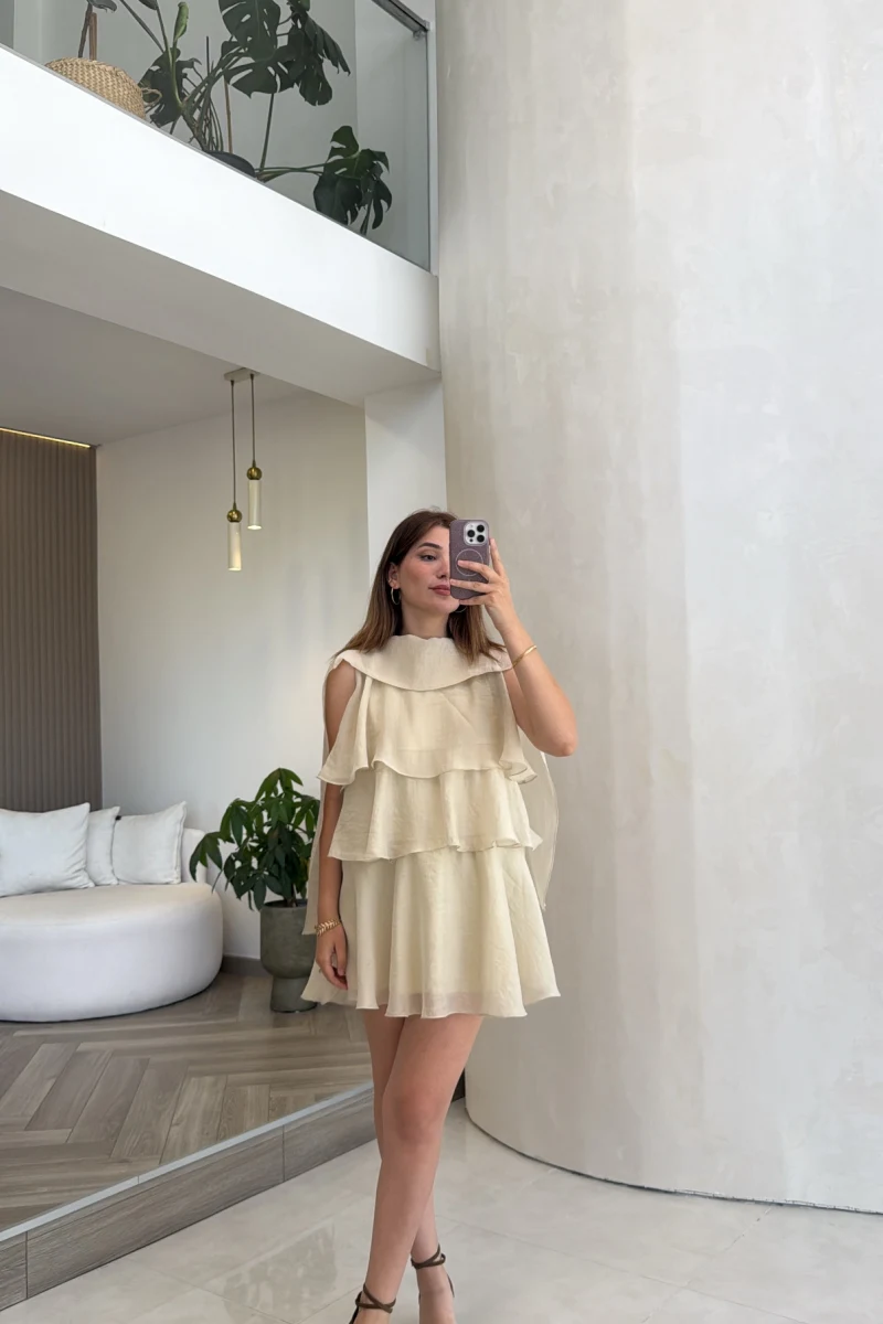 Kat Kat Pelerin Mini Elbise - Taş - Kod: 3452