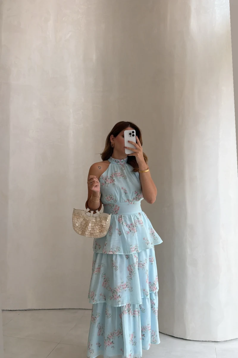 Kat Kat Şifon Desenli Elbise - Mavi - Kod: 3221