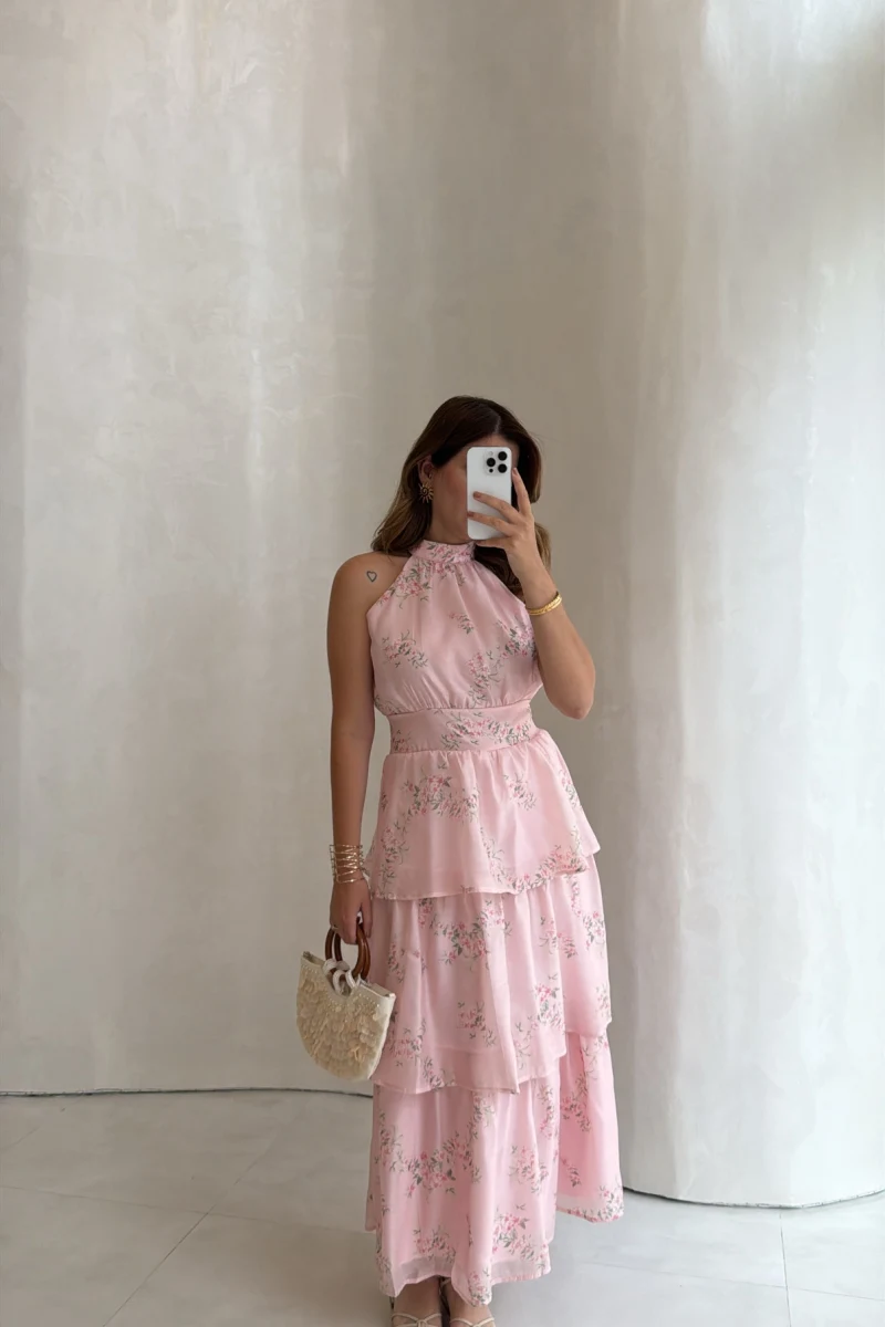 Kat Kat Şifon Desenli Elbise - Pembe - Kod: 3221