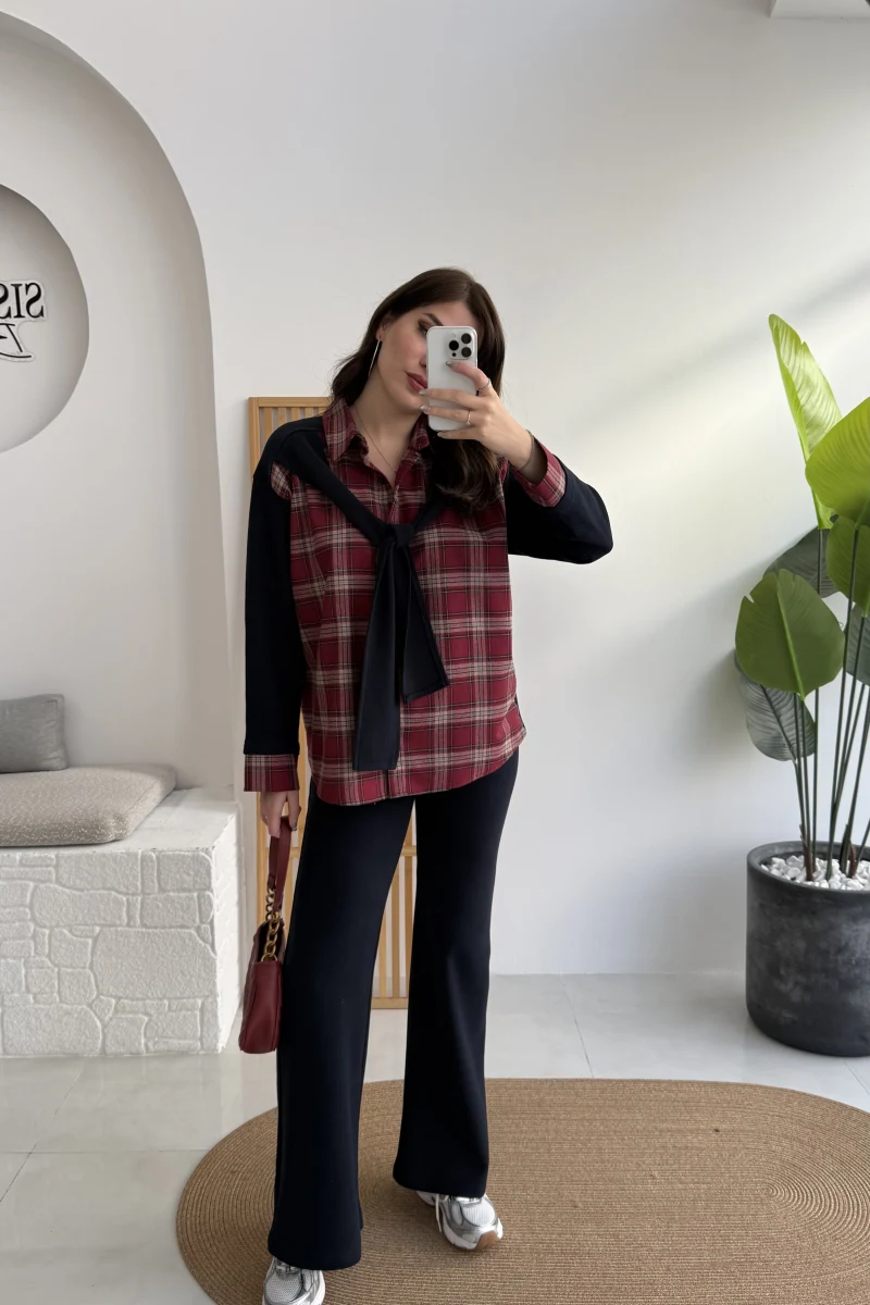 Kaylee Bağlamalı Sweat Detay Ekose Gömlek Takım - Bordo