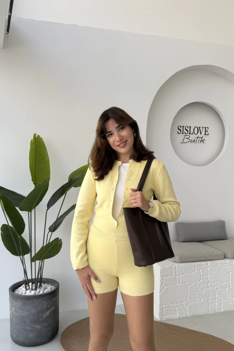 Kelly Triko Bodysuit Hırka Şort Takım - Sarı