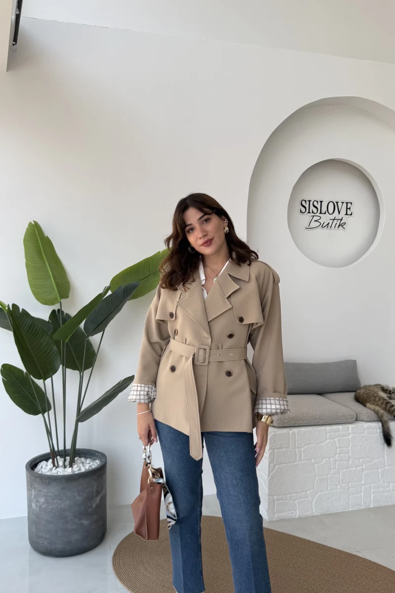 Kemerli Ara Yakalı Trenç - Camel - Kod: 9587