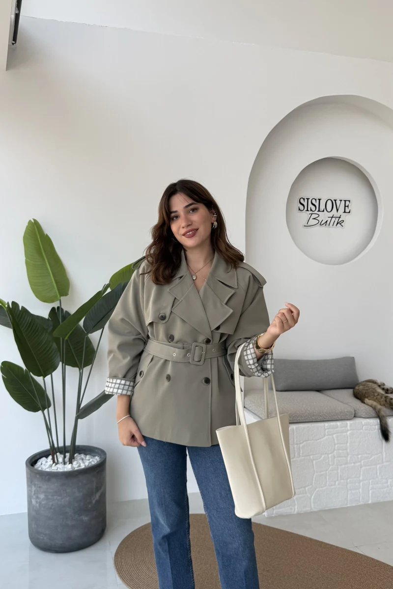 Kemerli Ara Yakalı Trenç - Haki - Kod: 9587