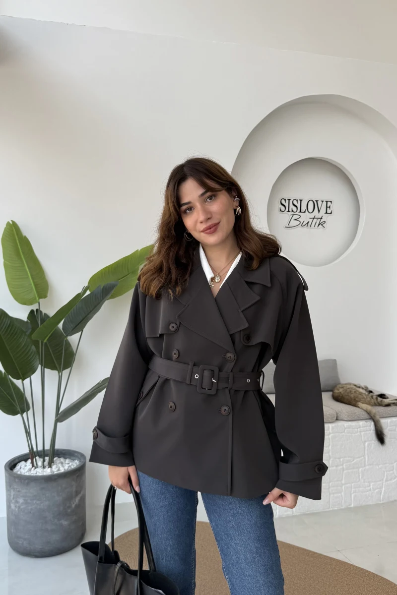 Kemerli Ara Yakalı Trenç - Koyu Kahve - Kod: 9587