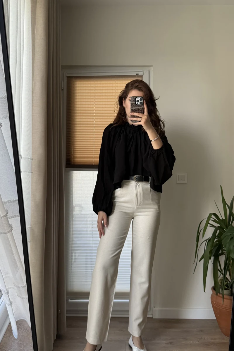 Kemerli Keten Natural Pantolon