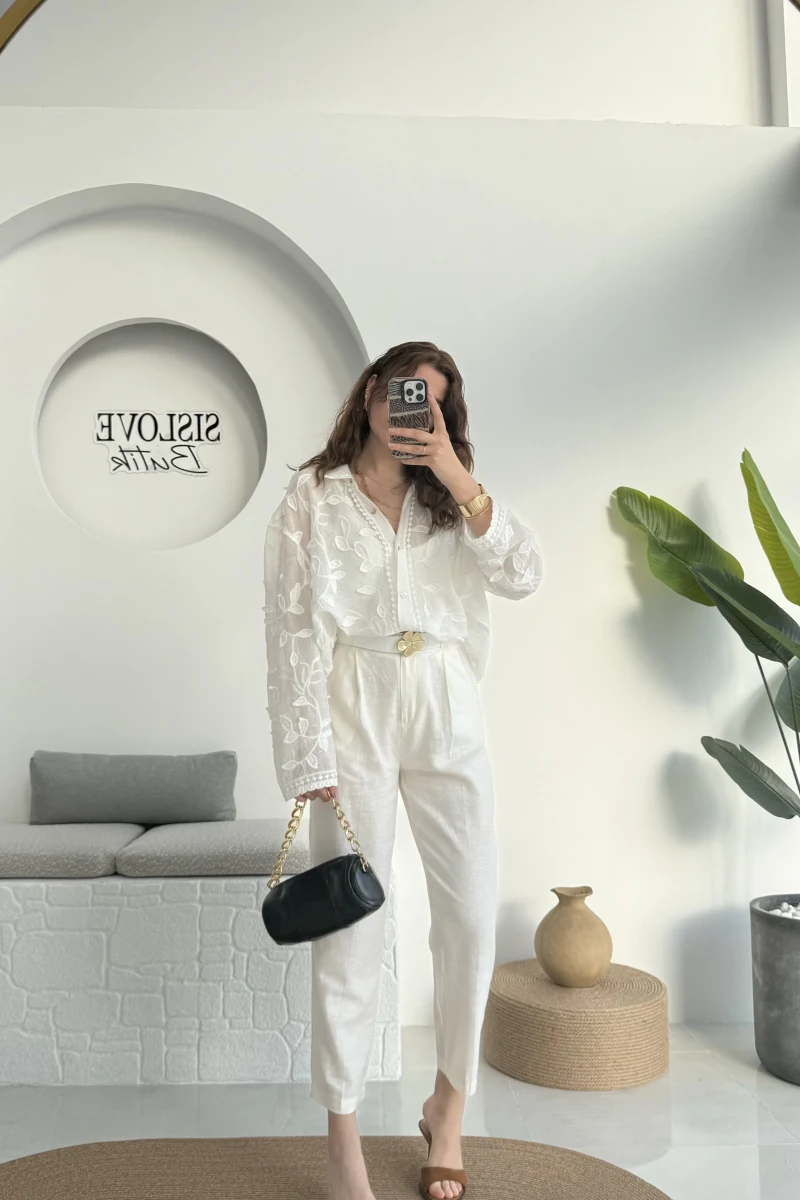 Kemerli Keten Pantolon Beyaz - 50985