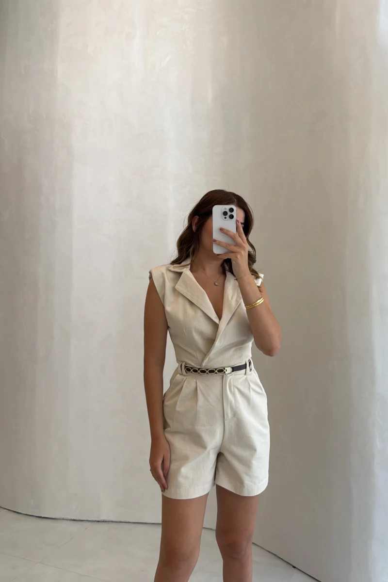 Kemerli Kısa Şort Tulum - Taş - Kod: 581173