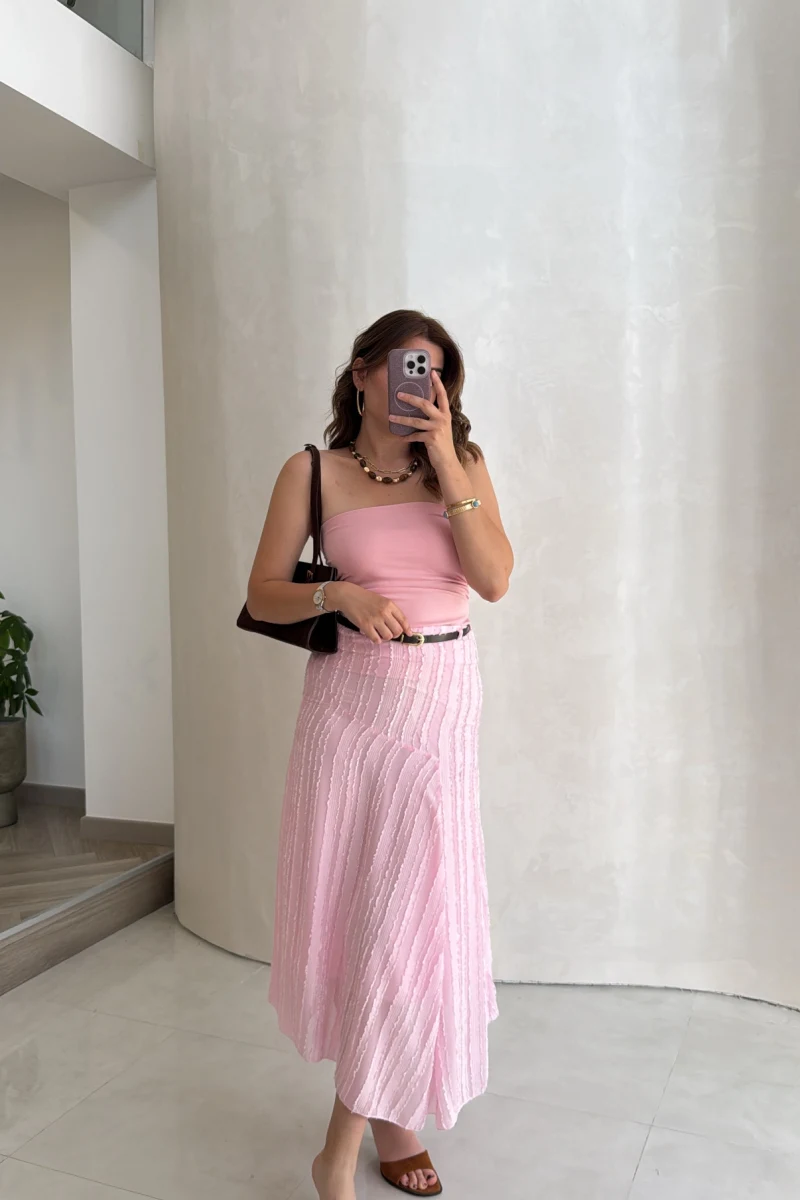 Kemerli Püskül Detay Etek - Pembe - Kod: 5096