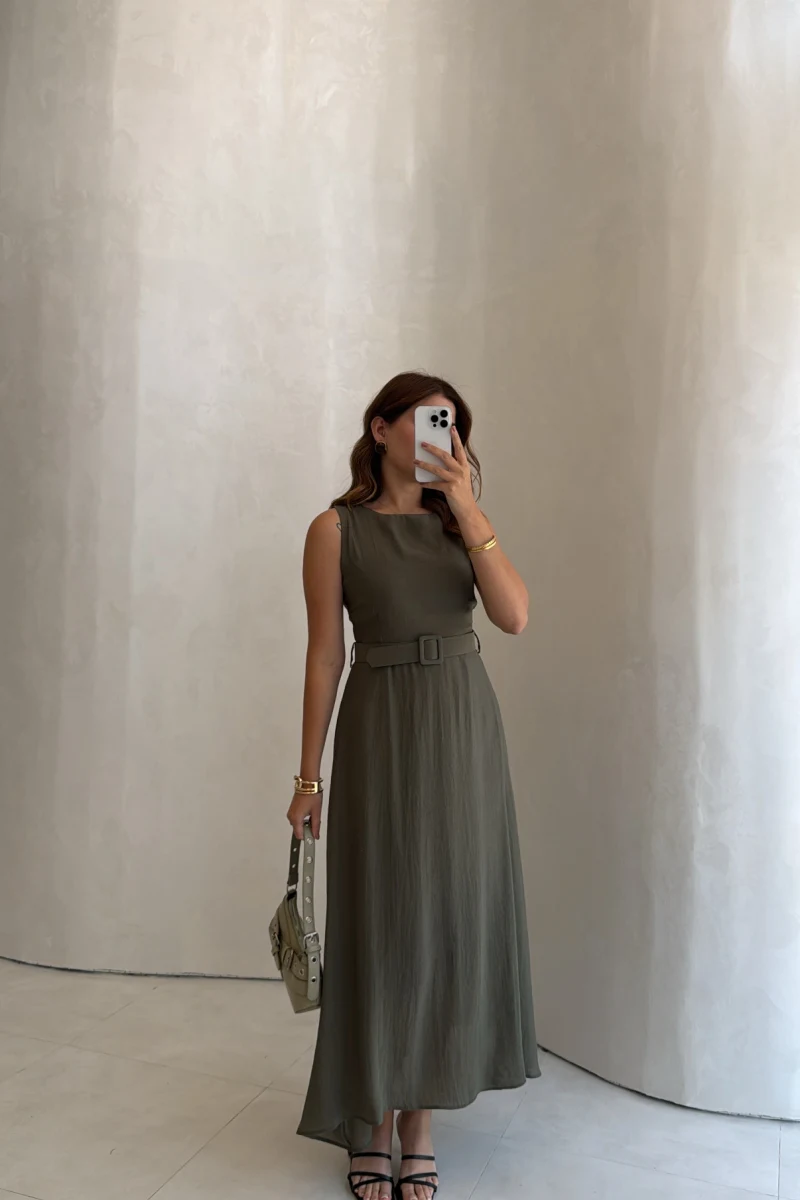 Kemerli Sıfır Kol Modal Elbise - Haki - Kod: 3093